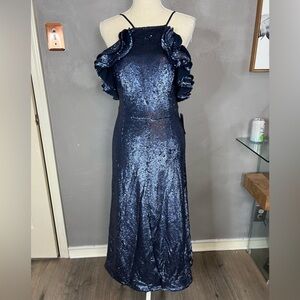 New C/meo Collective Illuminated Sequin Ruffle Midi Dress Medium Blue